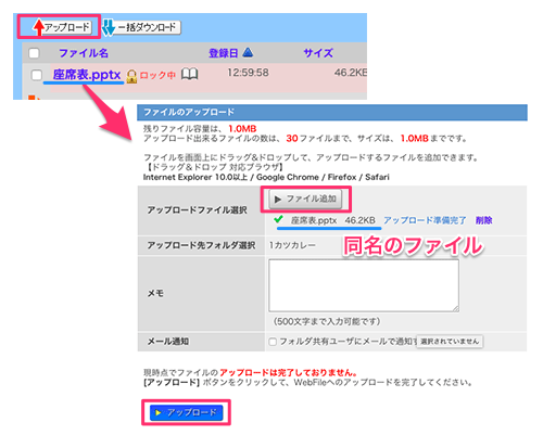 同名のダイルをアップロード
